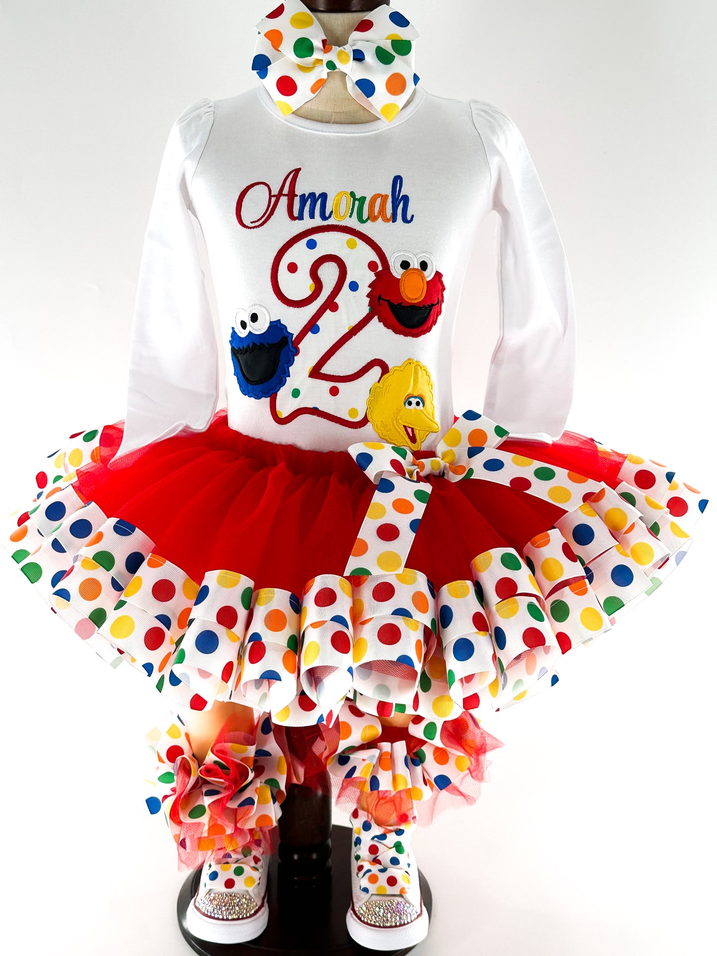 Red Tutu Furry Puppet Street Character Birthday Outfit, Rainbow Polka Dot Birthday Ribbon Trimmed Tutu Outfit