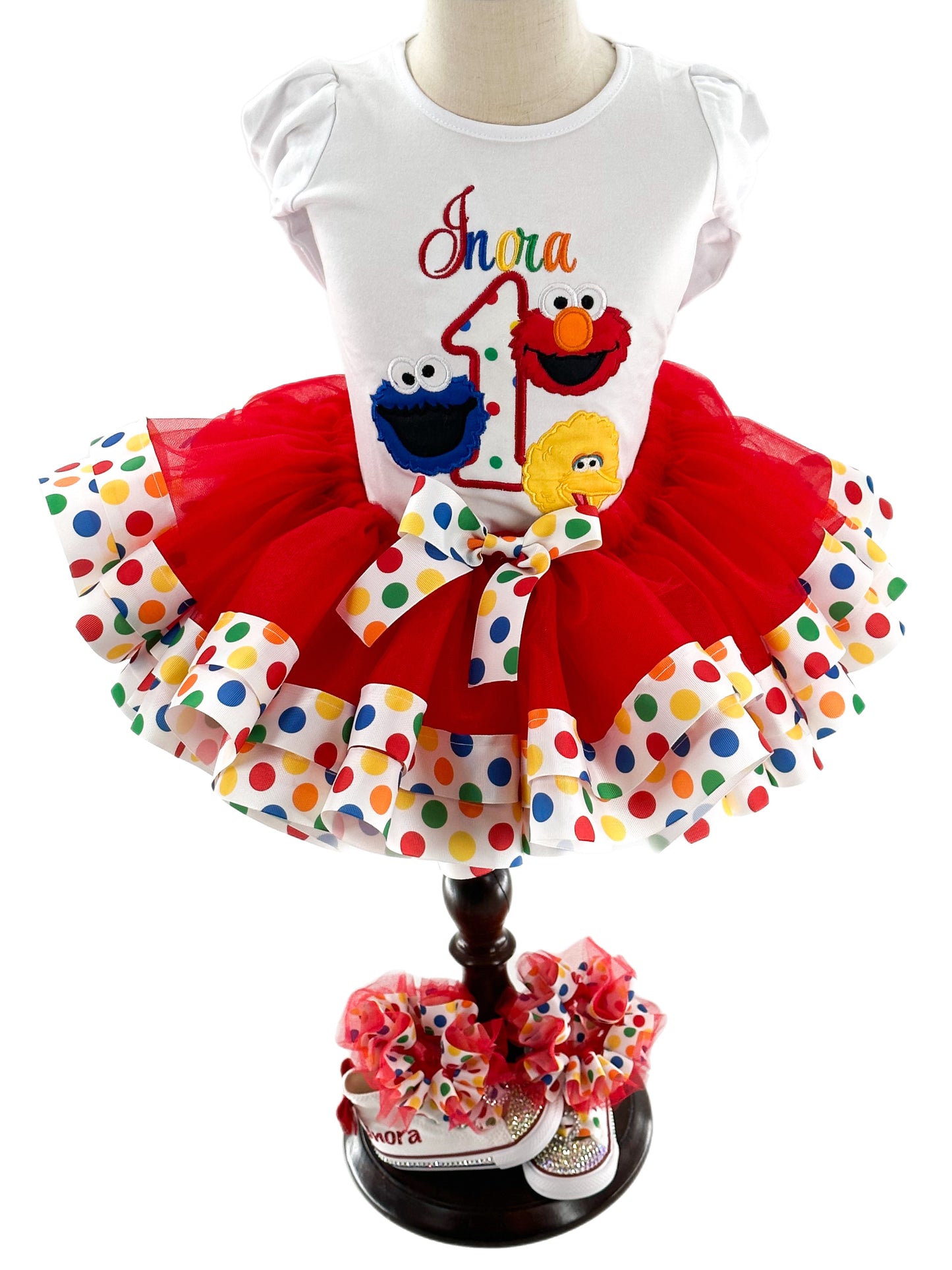 Red Tutu Furry Puppet Street Character Birthday Outfit, Rainbow Polka Dot Birthday Ribbon Trimmed Tutu Outfit
