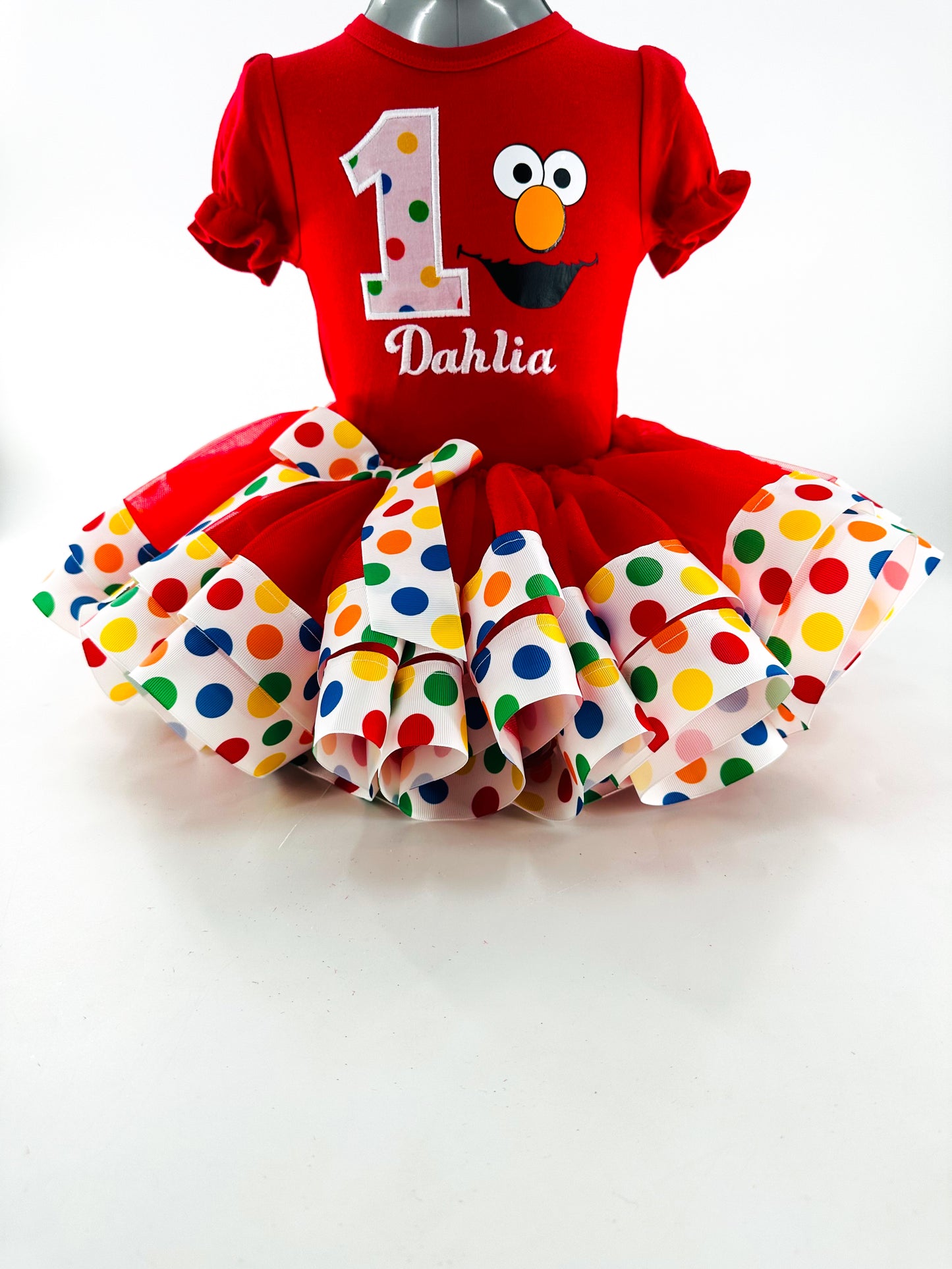 Red Tutu Furry Puppet Street Character Birthday Outfit, Rainbow Polka Dot Birthday Ribbon Trimmed Tutu Outfit
