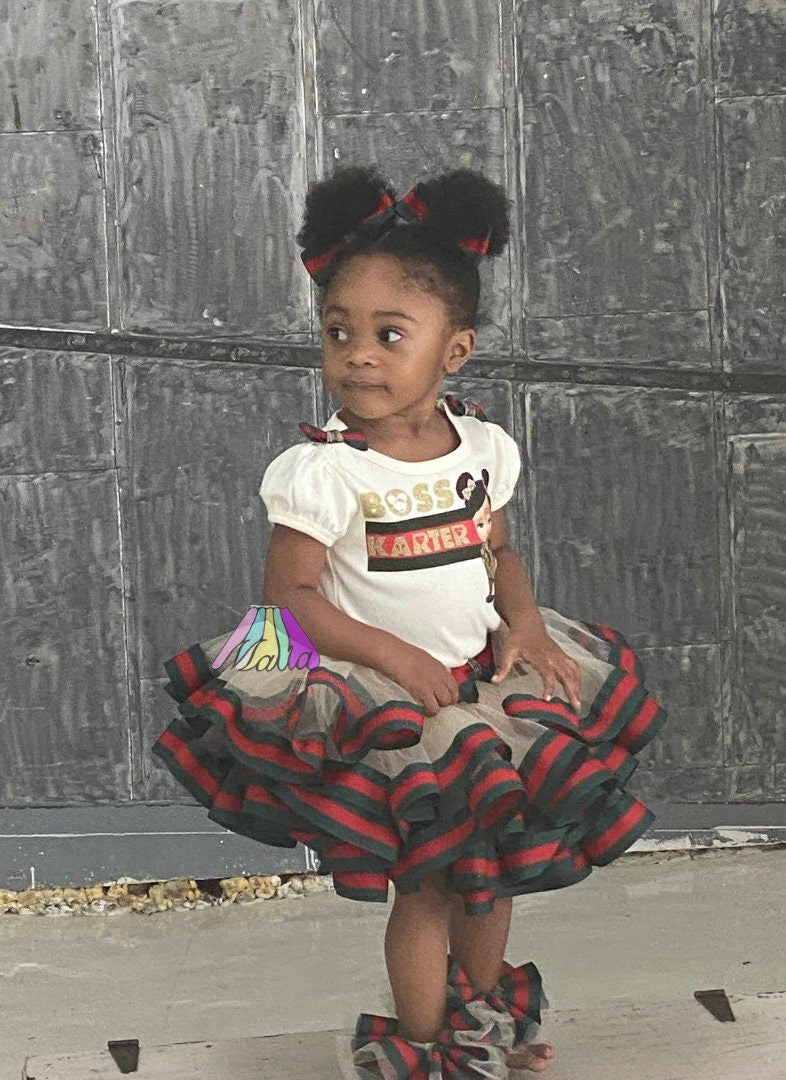 Green and Red Ribbon Trim Tutu Ensemble, Luxury Tutu, Birthday Outfit