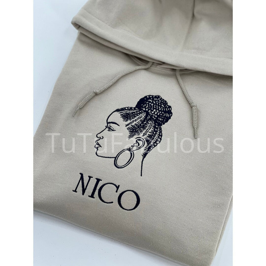 Custom Hoodie, Cornrows Bun Updo, Hooded Sweatshirt, Custom Embroidered Sweatshirt, Embroidered Sweatshirt, Personalized Gift