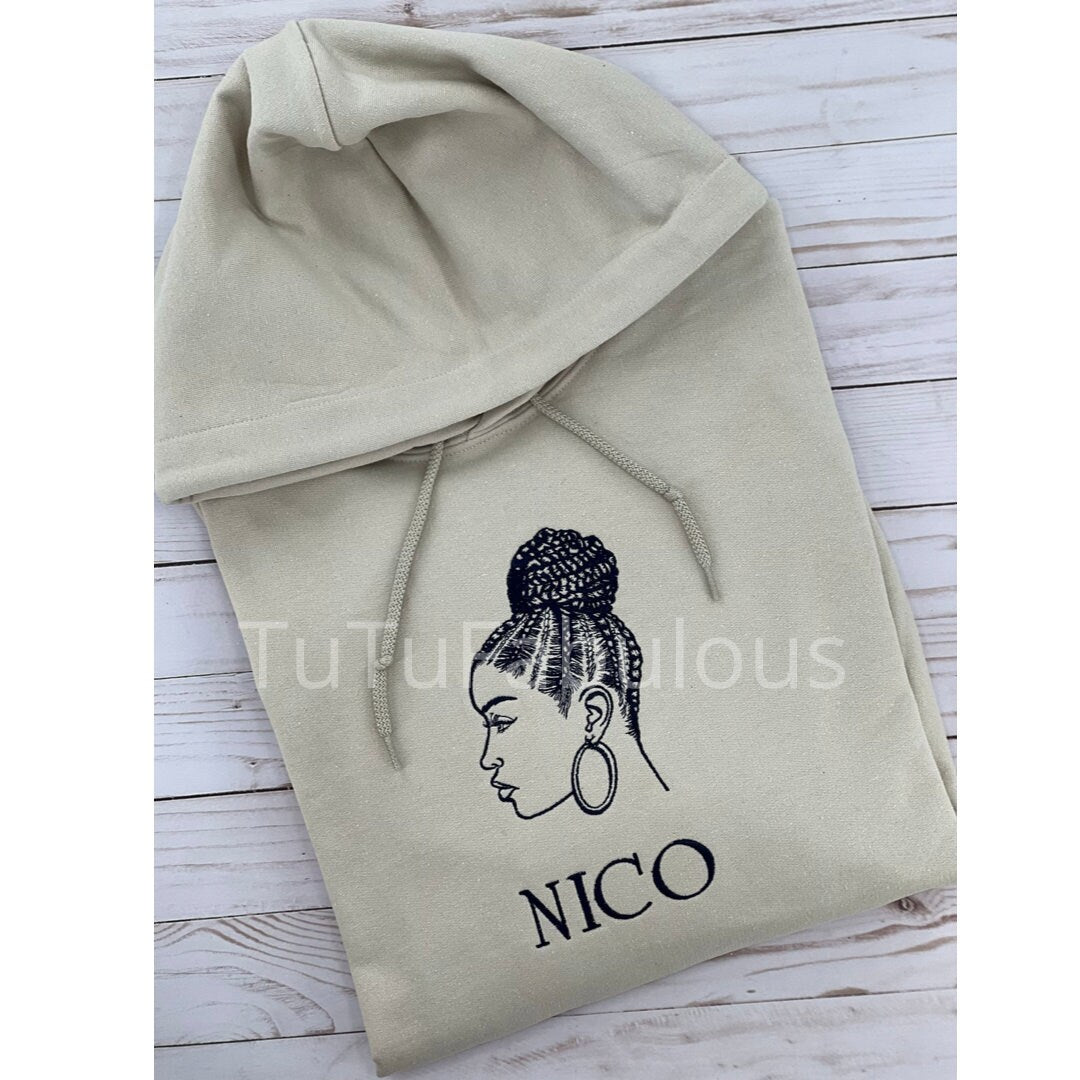 Custom Hoodie, Cornrows Bun Updo, Hooded Sweatshirt, Custom Embroidered Sweatshirt, Embroidered Sweatshirt, Personalized Gift