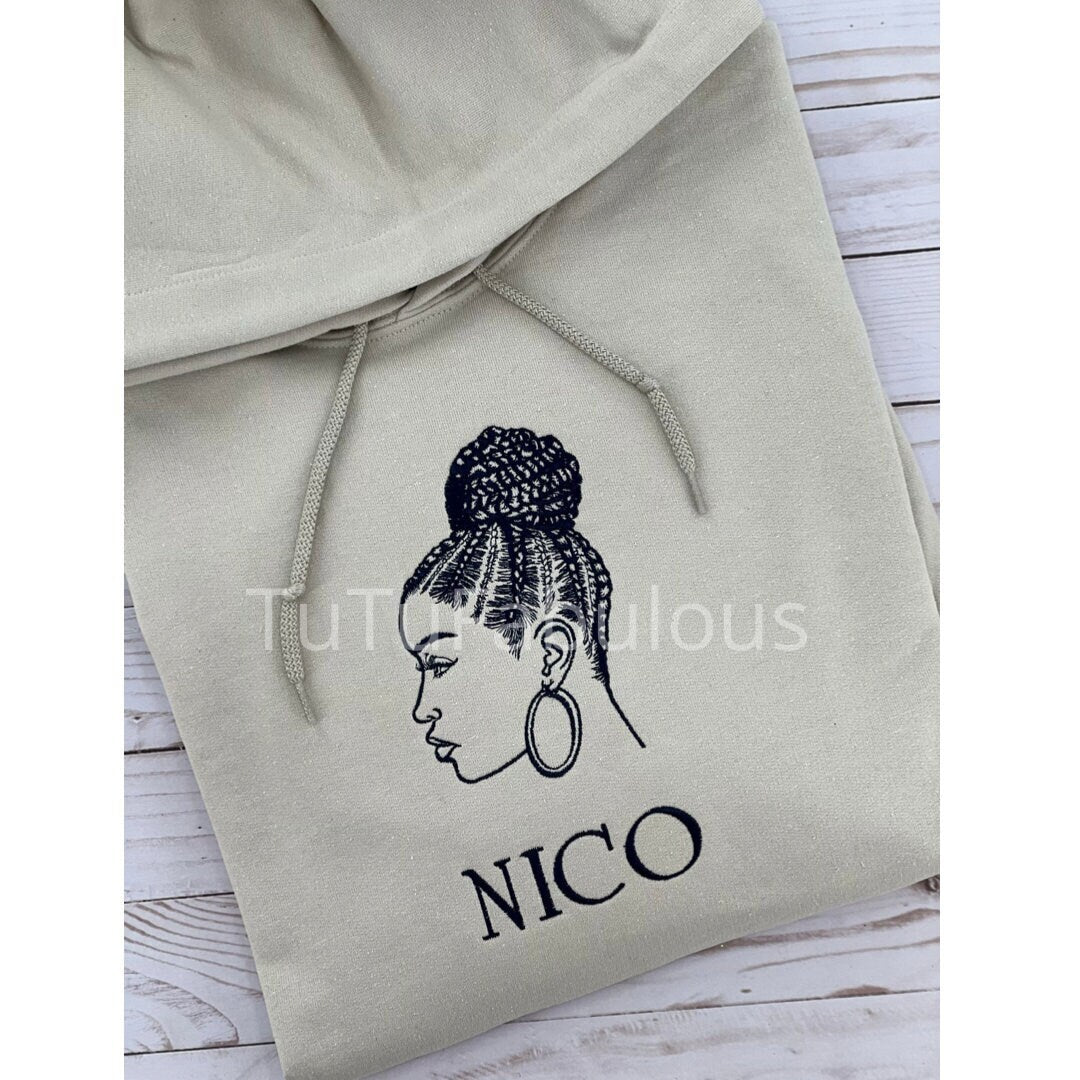 Custom Hoodie, Cornrows Bun Updo, Hooded Sweatshirt, Custom Embroidered Sweatshirt, Embroidered Sweatshirt, Personalized Gift