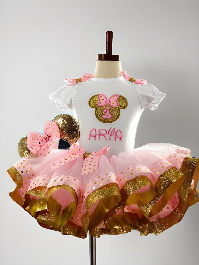 Pink and Gold Polka Dot Birthday Ribbon Trimmed Tutu Outfit