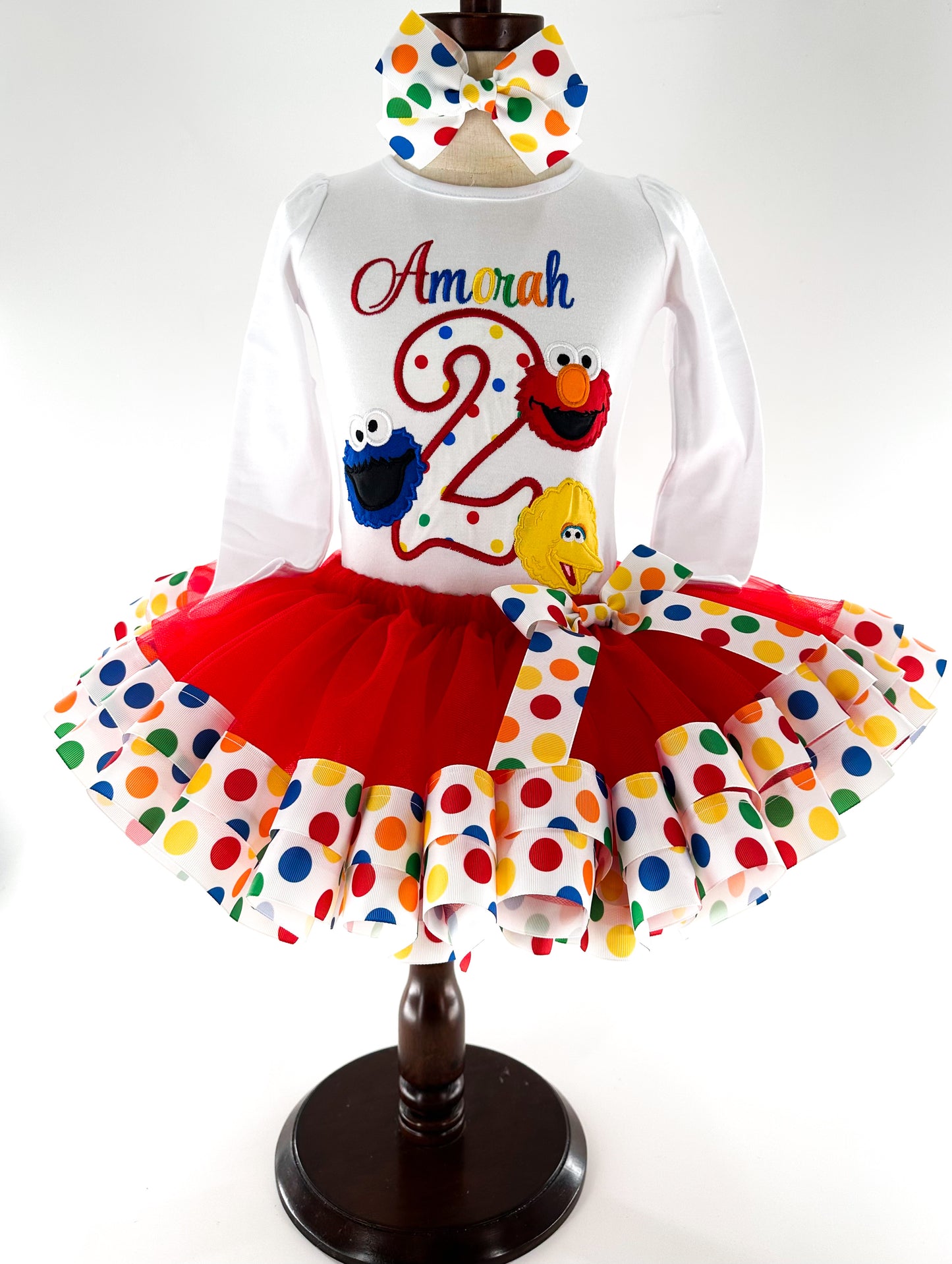 Red Tutu Furry Puppet Street Character Birthday Outfit, Rainbow Polka Dot Birthday Ribbon Trimmed Tutu Outfit