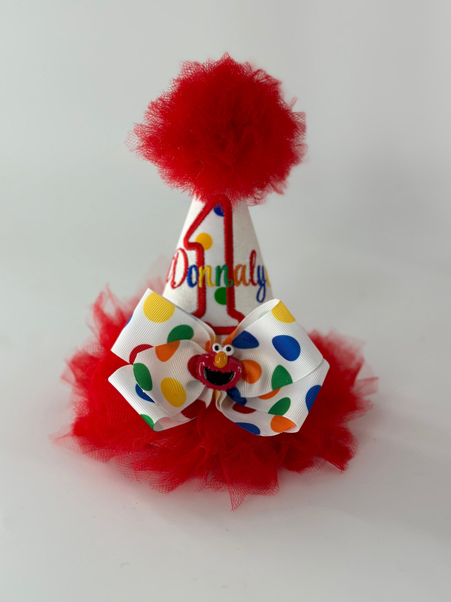 Red Tutu Furry Puppet Street Character Birthday Outfit, Rainbow Polka Dot Birthday Ribbon Trimmed Tutu Outfit