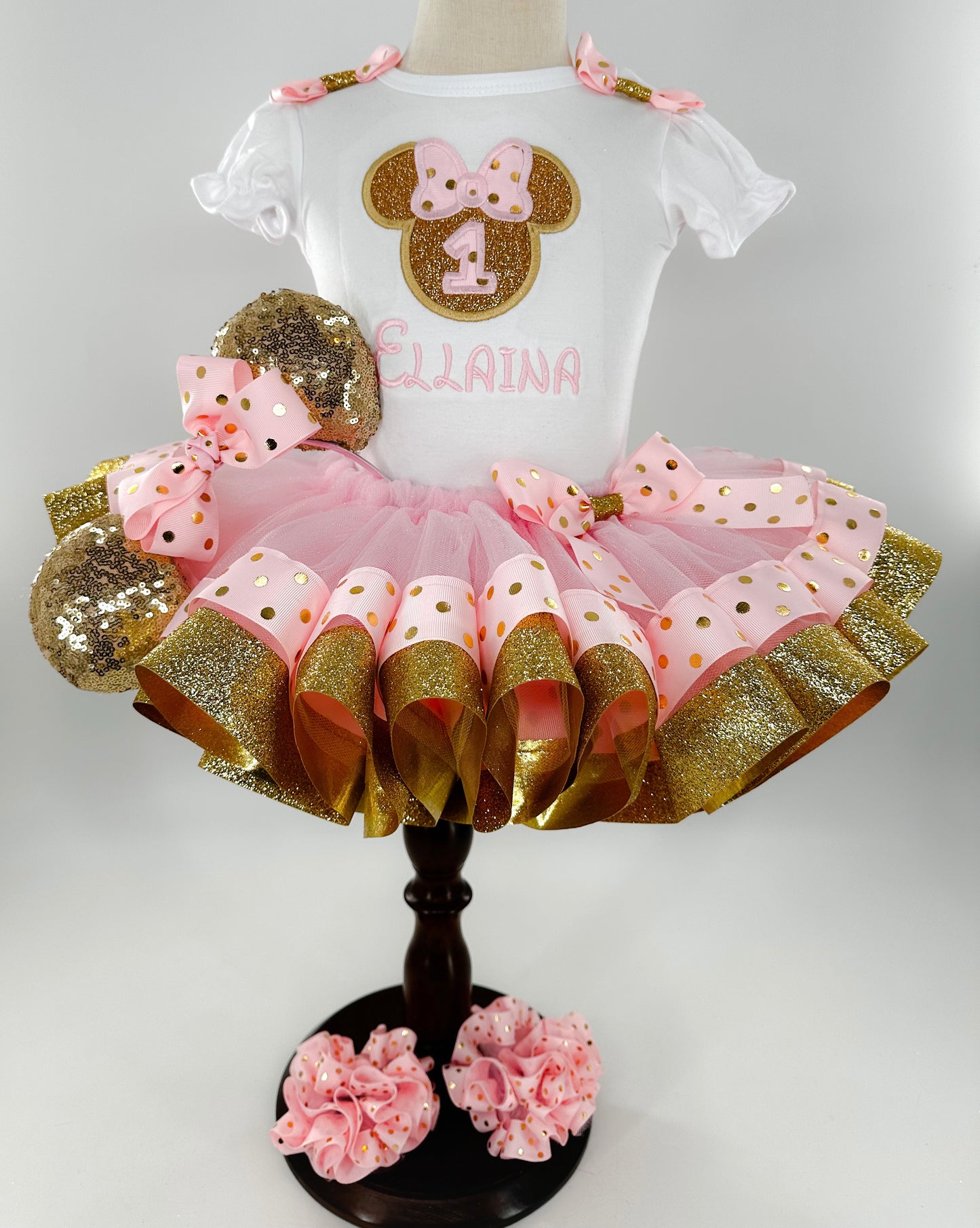 Pink and Gold Polka Dot Birthday Ribbon Trimmed Tutu Outfit