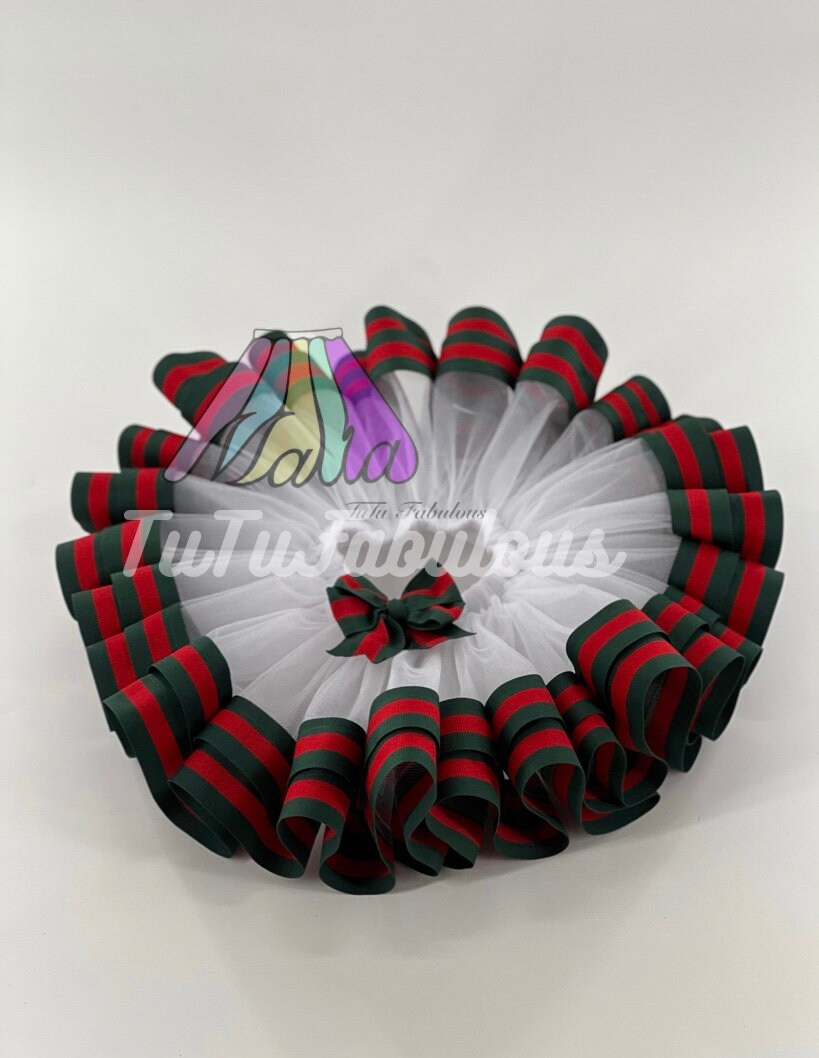 Green and Red Ribbon Trim Tutu Ensemble, Luxury Tutu, Birthday Outfit