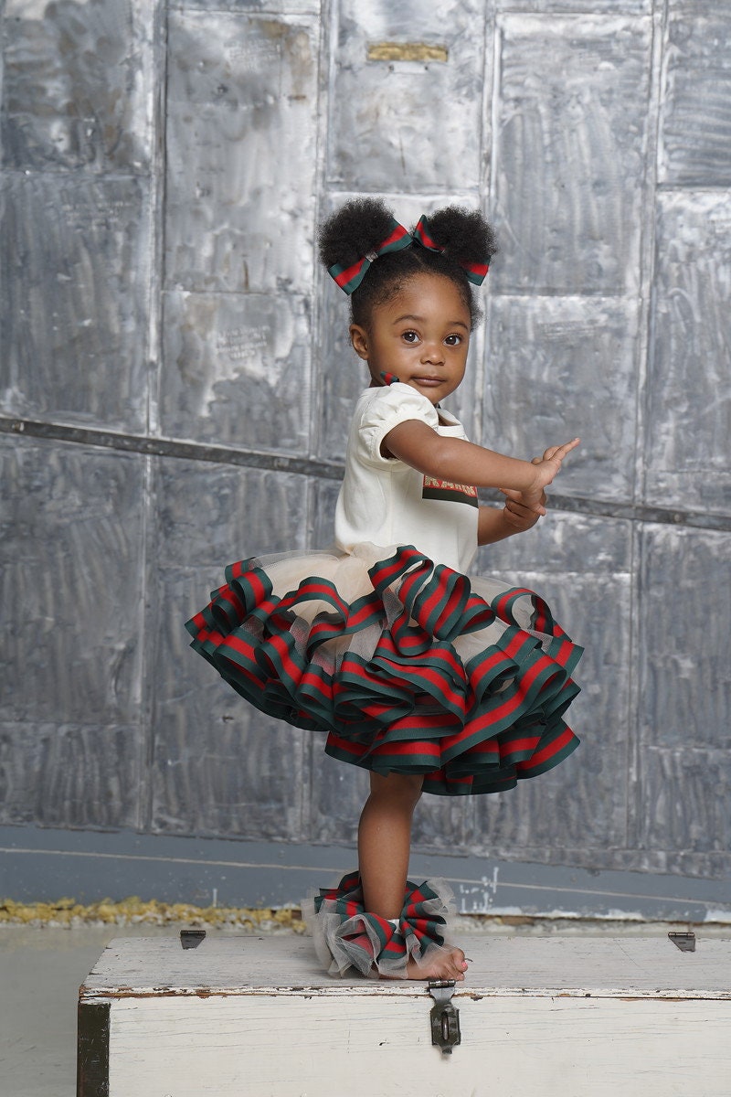 Green and Red Ribbon Trim Tutu Ensemble, Luxury Tutu, Birthday Outfit