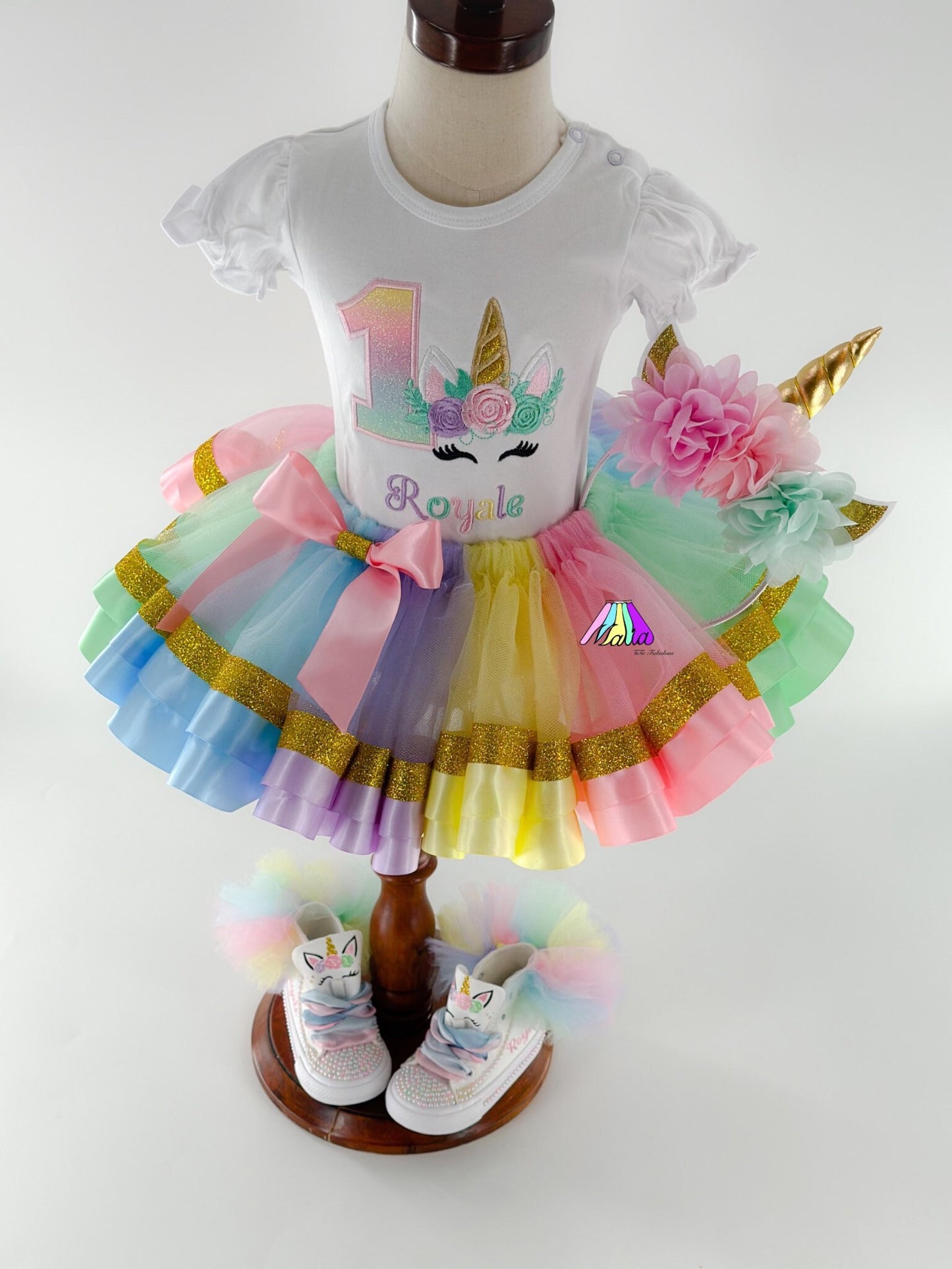 Unicorn Birthday Outfit: Embroidered Shirt, Pastel Tutu, Shoes & Headband