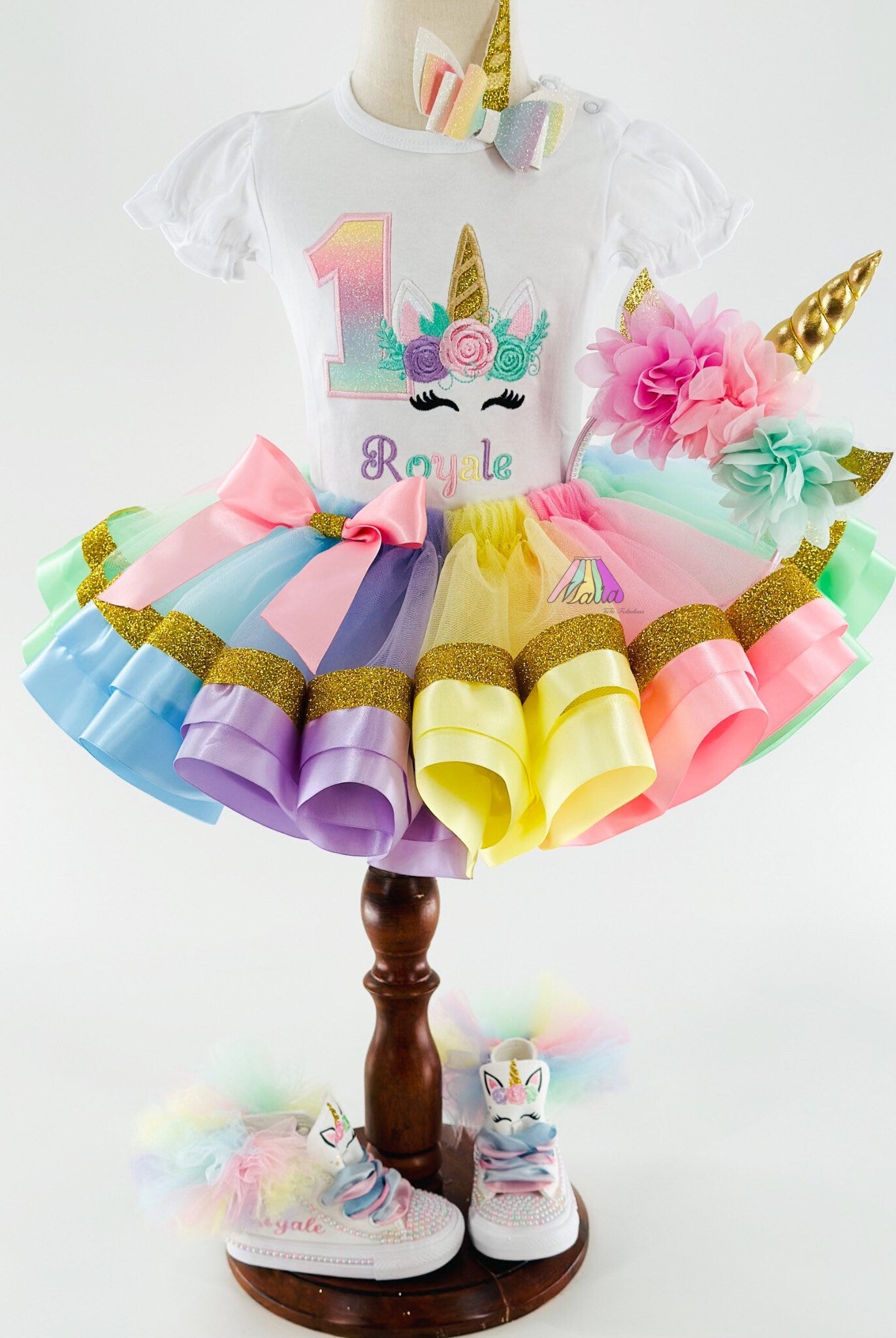 Unicorn Birthday Outfit: Embroidered Shirt, Pastel Tutu, Shoes & Headband