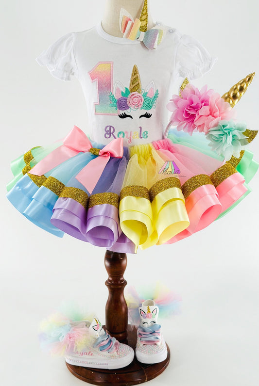 Unicorn Birthday Outfit: Embroidered Shirt, Pastel Tutu, Shoes & Headband
