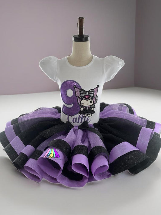 Kuromi-Inspired Birthday Tutu Outfit, Black Kitty Birthday Shirt, Black, Purple, Lavender, Number Shirt