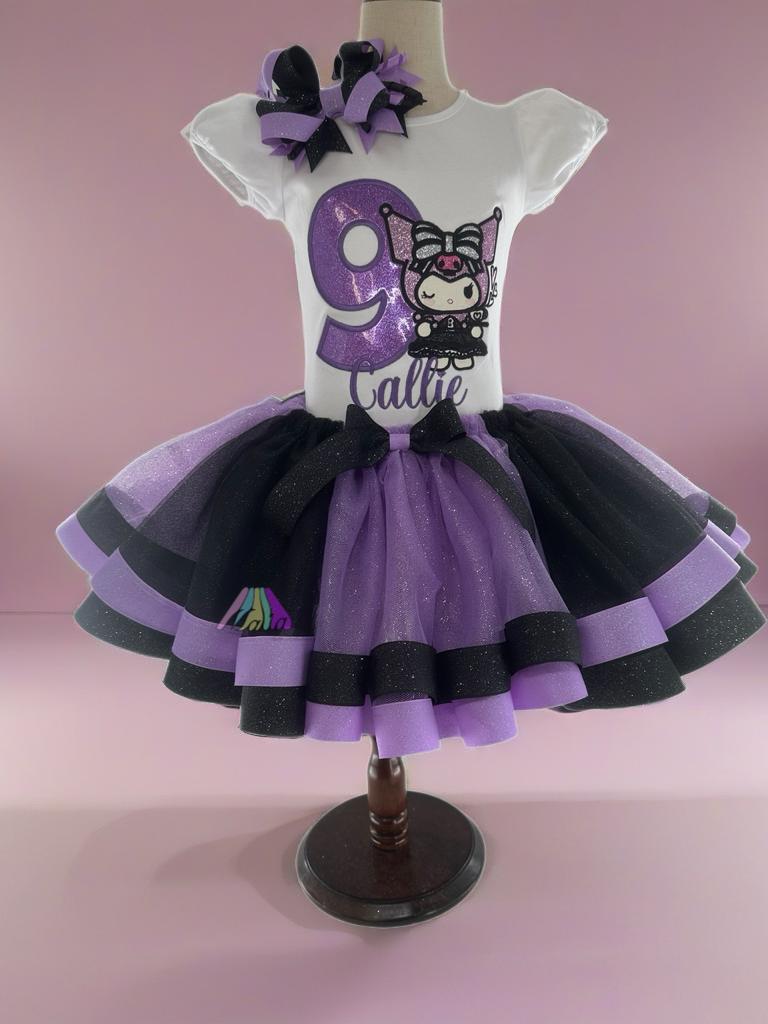 Kuromi-Inspired Birthday Tutu Outfit, Black Kitty Birthday Shirt, Black, Purple, Lavender, Number Shirt