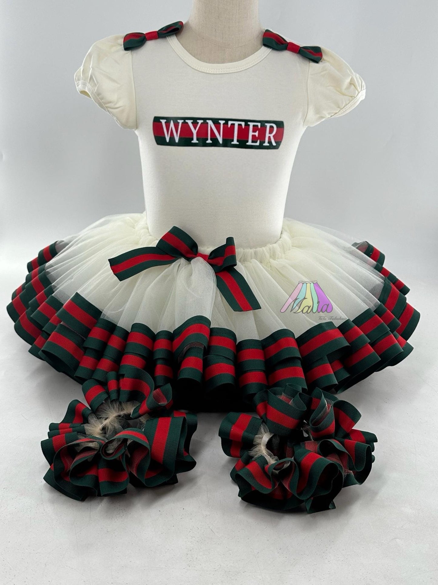 Green and Red Ribbon Trim Tutu Ensemble, Luxury Tutu, Birthday Outfit